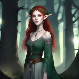 A 150-year-old female wood elf with green eyes, pale skin, and bright red hair