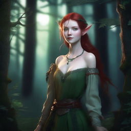 A 150-year-old female wood elf with green eyes, pale skin, and bright red hair