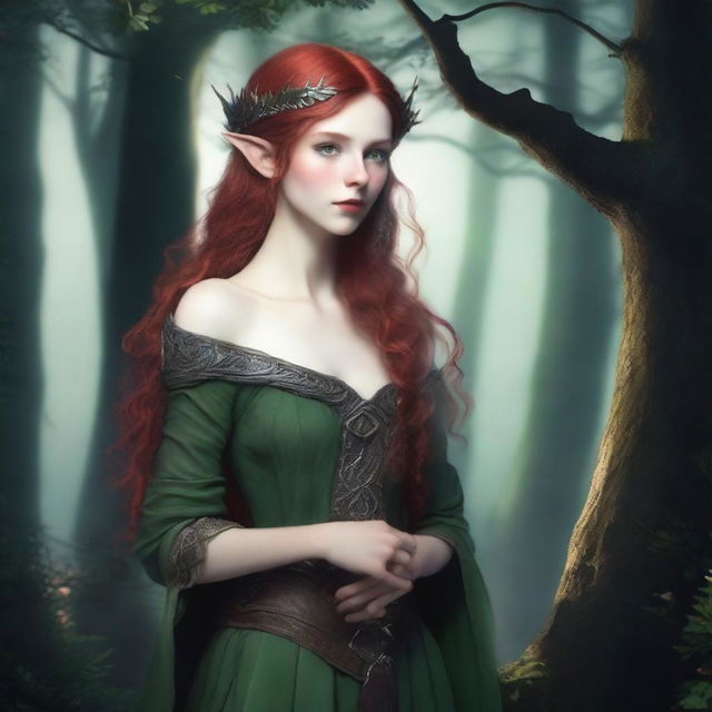 A 150-year-old female wood elf with green eyes, pale skin, and bright red hair