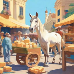 A centaur selling cheese at an open-air bazaar