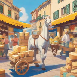 A centaur selling cheese at an open-air bazaar