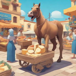 A centaur selling cheese at an open-air bazaar