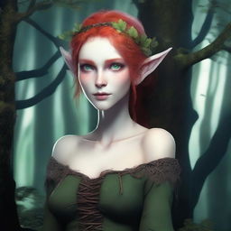 A 150-year-old chaotic good female wood elf with green eyes, pale skin, and bright red hair