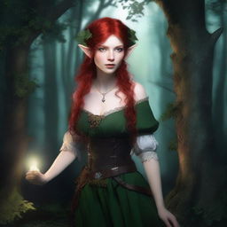 A 150-year-old chaotic good female wood elf with green eyes, pale skin, and bright red hair