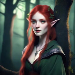 A 150-year-old chaotic good female wood elf with green eyes, pale skin, and bright red hair