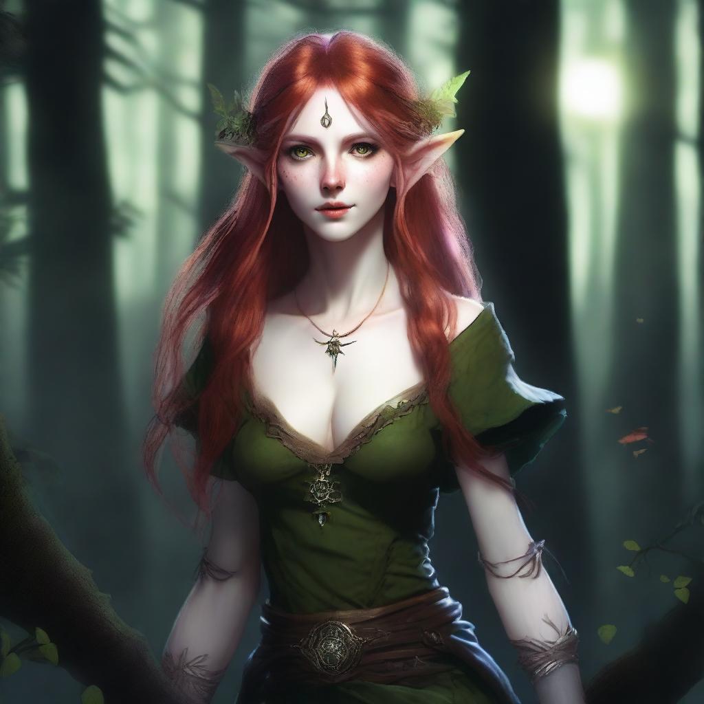 A 150-year-old chaotic good female wood elf with green eyes, pale skin, and bright red hair