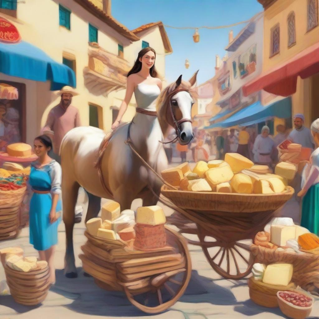 A centaur, half woman and half horse, selling cheese at an open-air bazaar