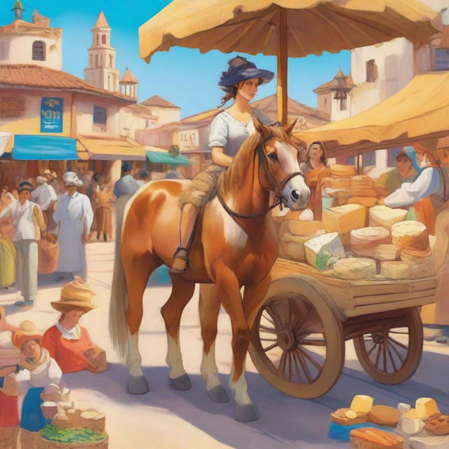 A centaur, half woman and half horse, selling cheese at an open-air bazaar