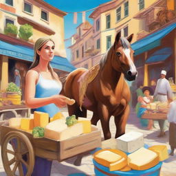 A centaur, half woman and half horse, selling cheese at an open-air bazaar