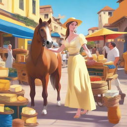 A centaur, half woman and half horse, selling cheese at an open-air bazaar