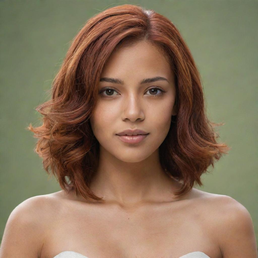 Generate a image of a female character with medium length red hair, brown eyes, and tan skin.