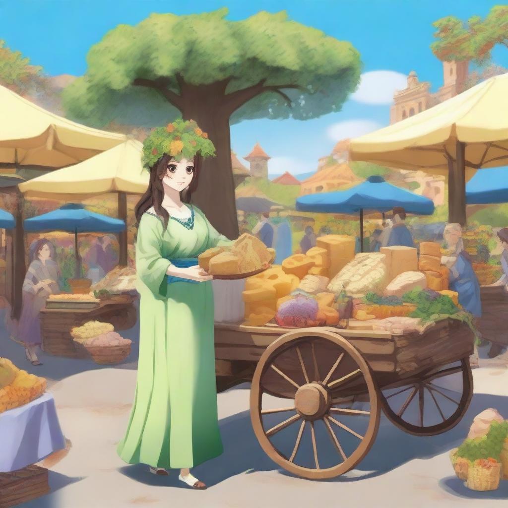 A dryad selling cheese at an open-air bazaar