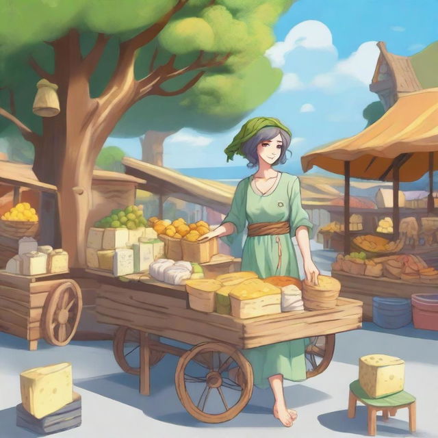 A dryad selling cheese at an open-air bazaar