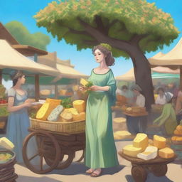 A dryad selling cheese at an open-air bazaar