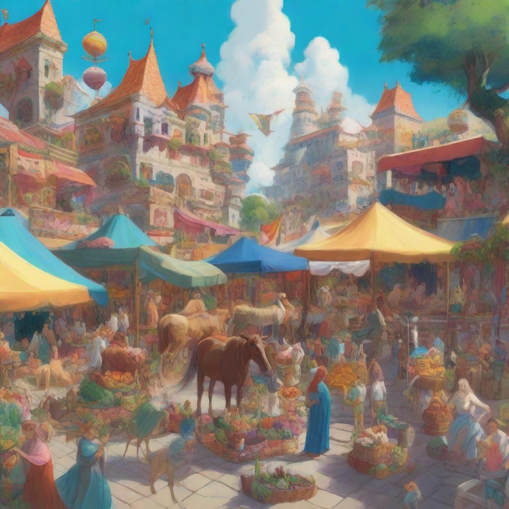 A variety of mythical creatures selling items at an open-air bazaar