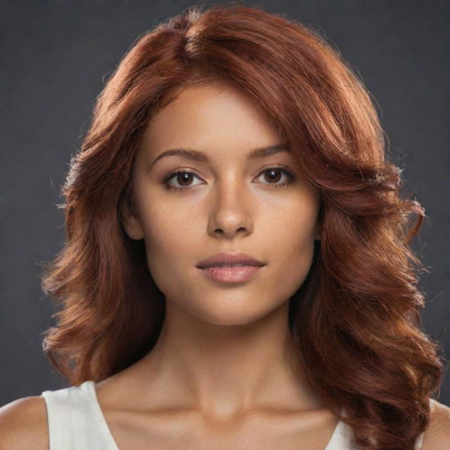 Generate a image of a female character with medium length red hair, brown eyes, and tan skin.