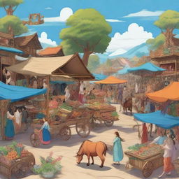 A variety of mythical creatures selling items out of wooden carts at an open-air bazaar