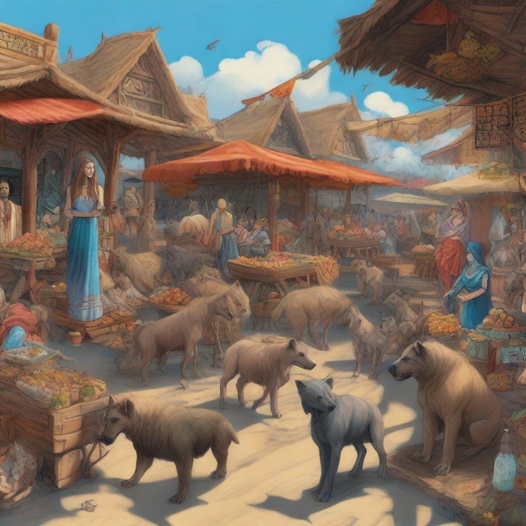 A variety of mythical creatures, hyenas, wolves, and vultures selling items out of wooden carts at an open-air bazaar