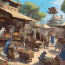 A variety of mythical creatures, hyenas, wolves, and vultures selling items out of wooden carts at an open-air bazaar