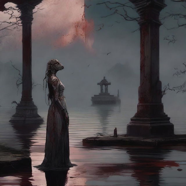 A lizard woman standing in front of a blood-stained altar by a serene lake