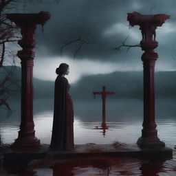 A lizard woman standing in front of a blood-stained altar by a serene lake