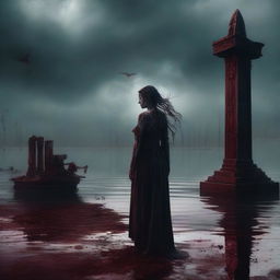 A lizard woman standing in front of a blood-stained altar by a serene lake