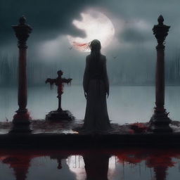 A lizard woman standing in front of a blood-stained altar by a serene lake