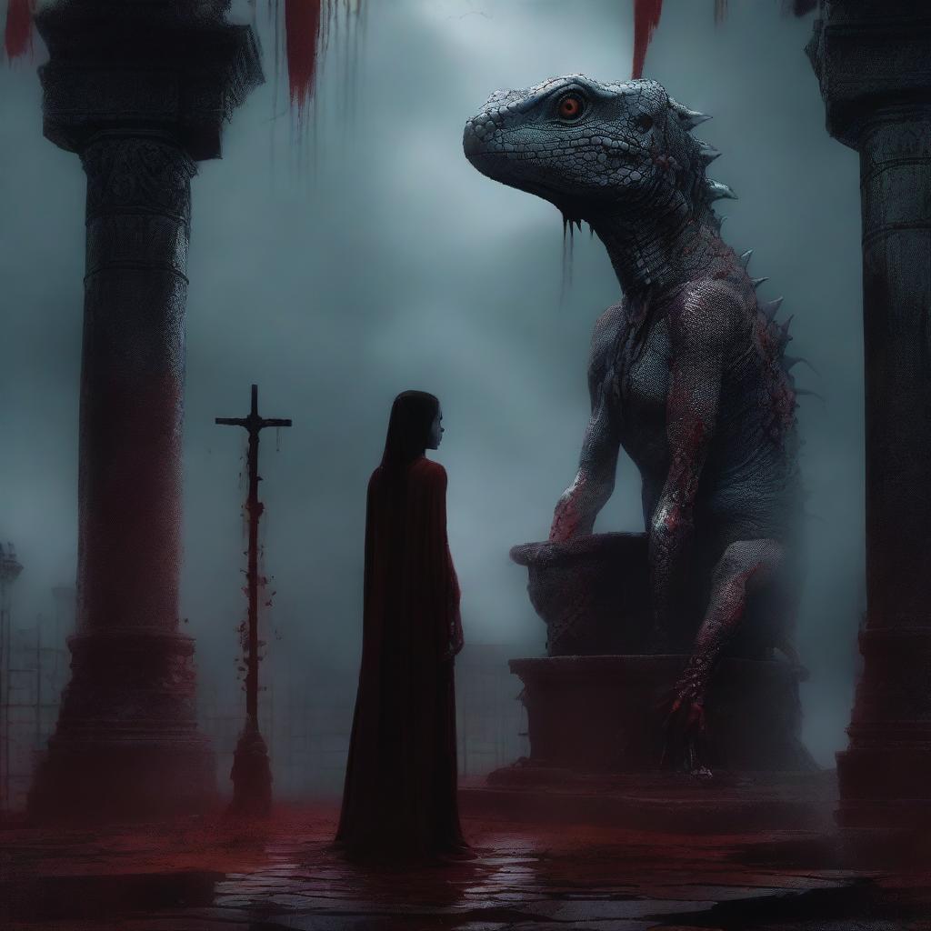 A lizard woman standing in front of a blood-stained altar by an old, mysterious well