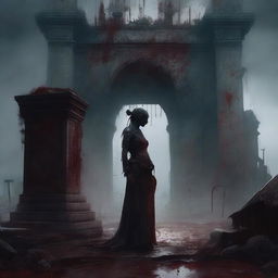 A lizard woman standing in front of a blood-stained altar by an old, mysterious well