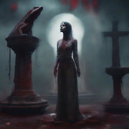 A lizard woman standing in front of a blood-stained altar by an old, mysterious well