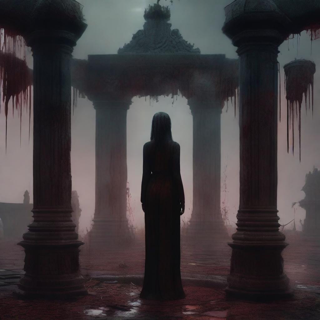 A lizard woman standing in front of a blood-stained altar by an old, mysterious well