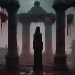 A lizard woman standing in front of a blood-stained altar by an old, mysterious well