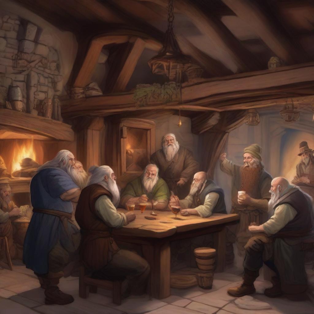 A lively tavern scene in a Dungeons and Dragons setting, filled with mythical town folk