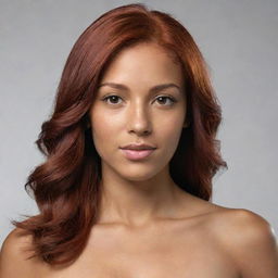 Generate a image of a female character with medium length red hair, brown eyes, and tan skin.