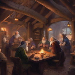 A lively tavern scene in a Dungeons and Dragons setting, filled with mythical town folk