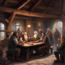 A lively tavern scene in a Dungeons and Dragons setting, filled with mythical town folk