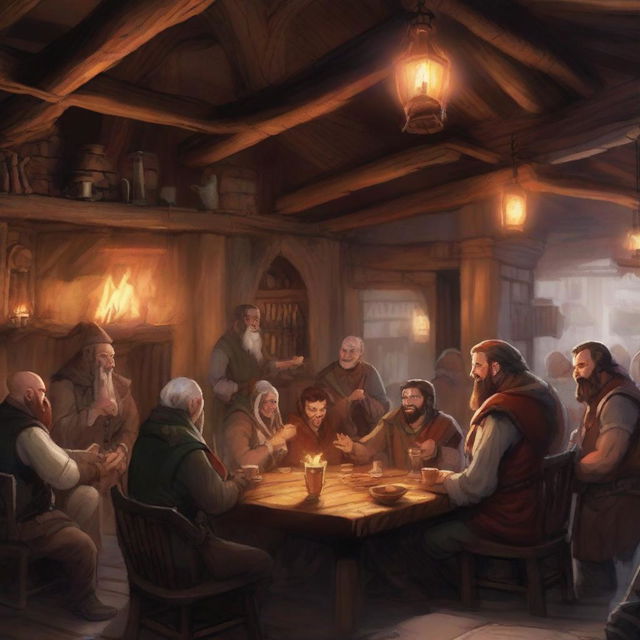 A lively tavern scene in a Dungeons and Dragons setting, filled with mythical town folk
