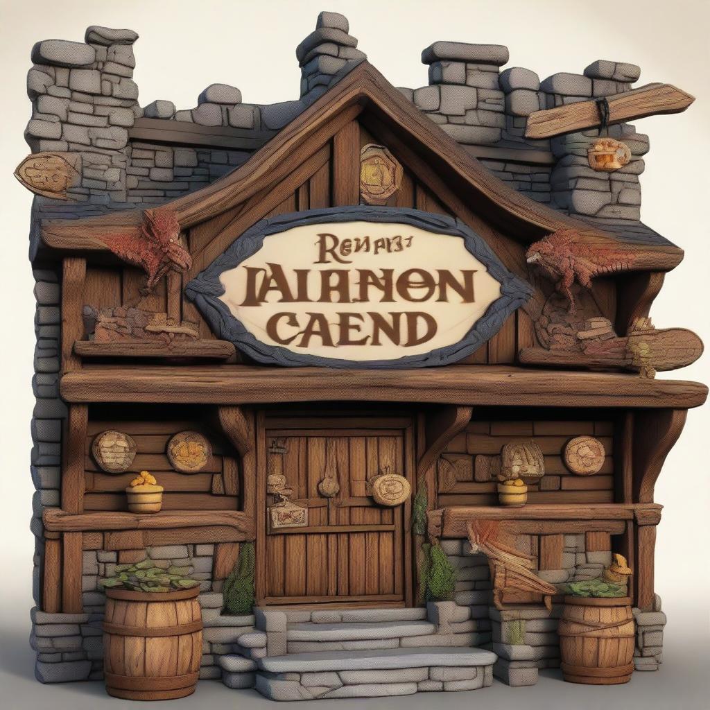 A rustic tavern sign in a Dungeons and Dragons setting, hanging outside a lively establishment filled with mythical town folk