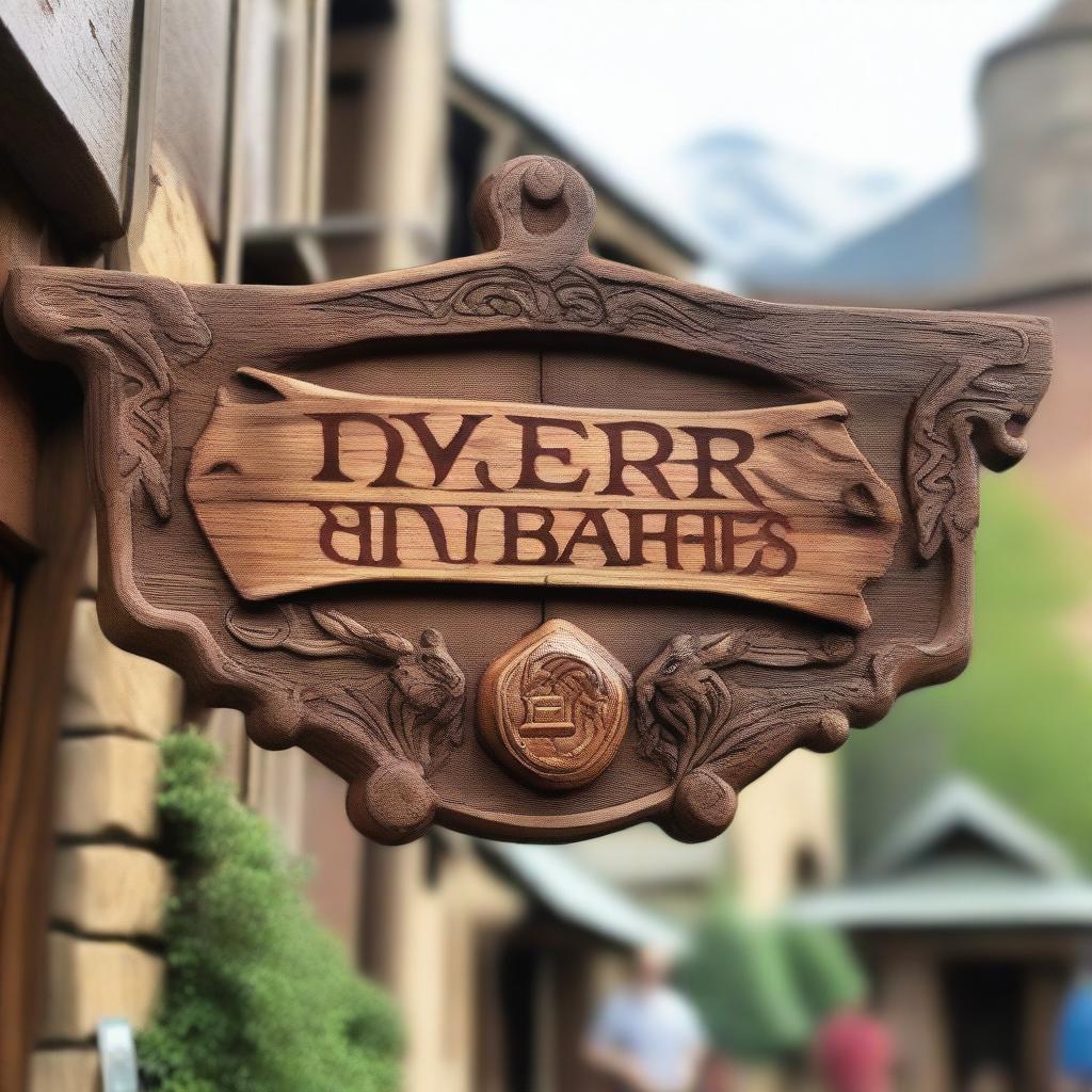 A rustic tavern sign in a Dungeons and Dragons setting, hanging outside a lively establishment filled with mythical town folk