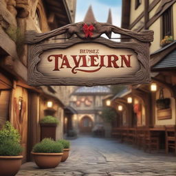 A rustic tavern sign in a Dungeons and Dragons setting, hanging outside a lively establishment filled with mythical town folk