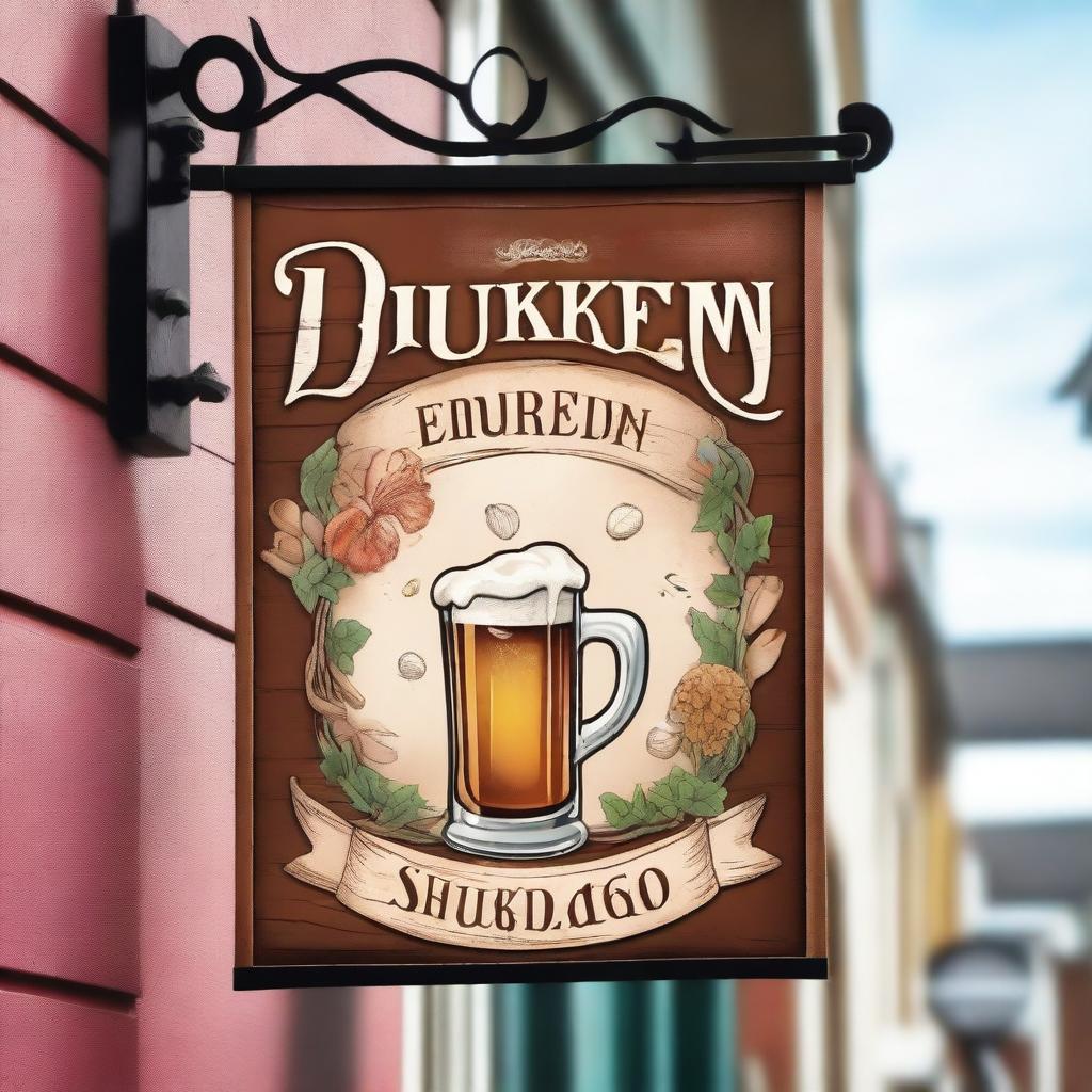 A rustic tavern sign hanging outside a lively establishment, with the words "DRUNKEN SIREN" prominently displayed