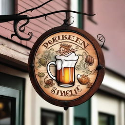 A rustic tavern sign hanging outside a lively establishment, with the words "DRUNKEN SIREN" prominently displayed