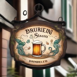 A rustic tavern sign hanging outside a lively establishment, with the words "DRUNKEN SIREN" prominently displayed