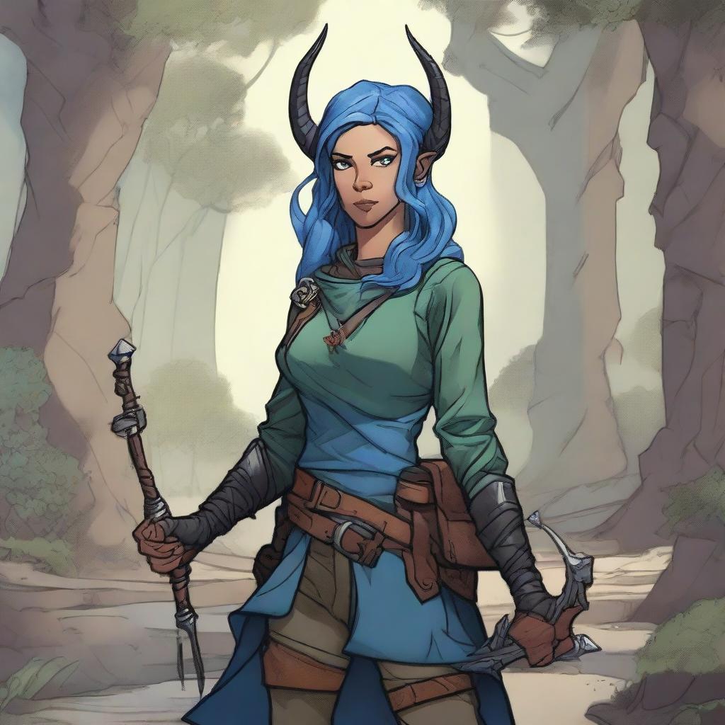 A detailed illustration of a female Dungeons & Dragons character who is a tiefling with olive skin, blue hair, and black eyes