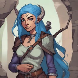 A detailed illustration of a female Dungeons & Dragons character who is a tiefling with olive skin, blue hair, and black eyes