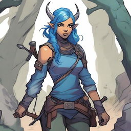 A detailed illustration of a female Dungeons & Dragons character who is a tiefling with olive skin, blue hair, and black eyes