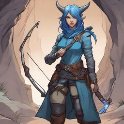 A detailed illustration of a female Dungeons & Dragons character who is a tiefling with olive skin, blue hair, and black eyes