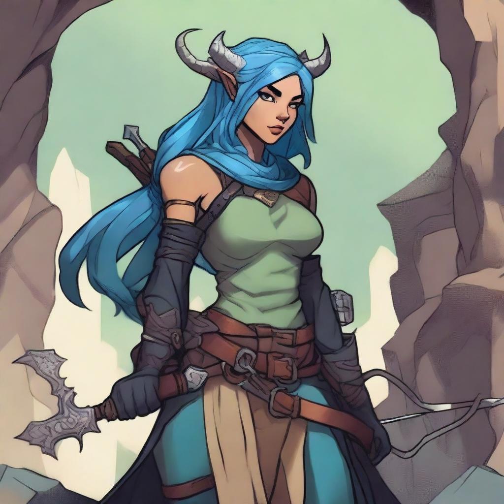 A detailed illustration of a female Dungeons & Dragons character who is a tiefling with olive skin, blue hair, and black eyes