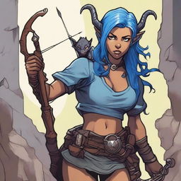 A detailed illustration of a female Dungeons & Dragons character who is a tiefling with olive skin, blue hair, and black eyes