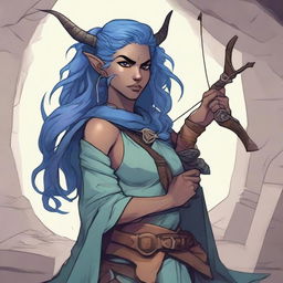 A detailed illustration of a female Dungeons & Dragons character who is a tiefling with olive skin, blue hair, and black eyes